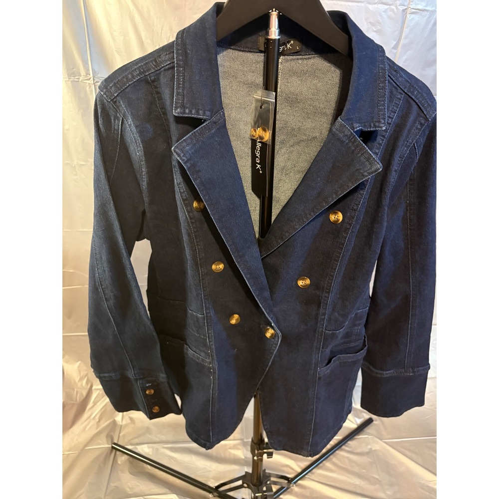 NWT Allegra K Jean Blazer Jacket Women's L Double Breasted Blue Gold Button